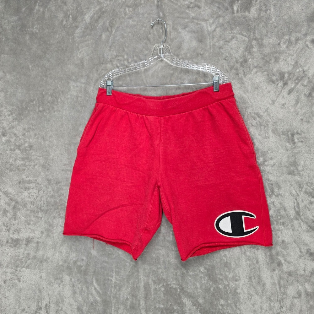 Champion Reverse Weave Shorts Mens XL Red Big Logo Cut Off Raw Hem Sweat Shorts - Picture 1 of 14